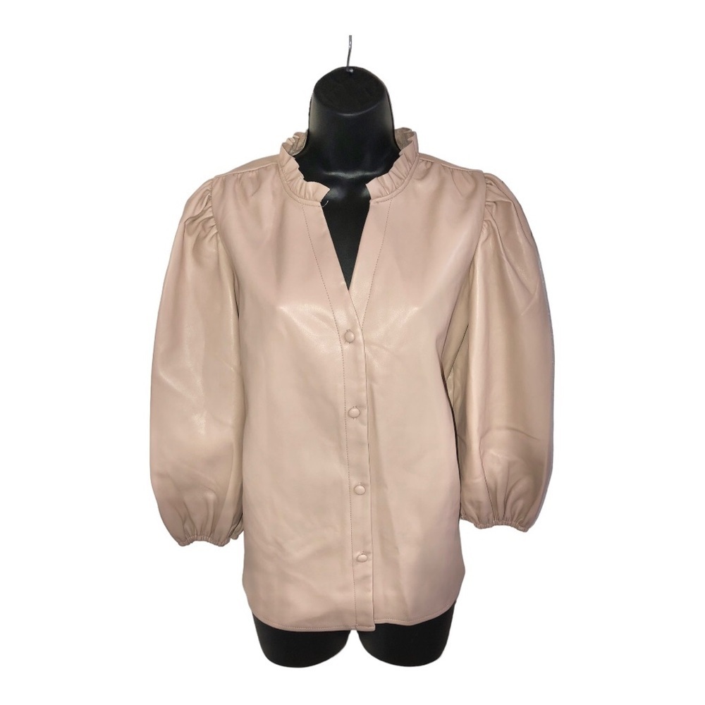Andrew Marc NY blush light pink ruffle neck button down pleather blouson top